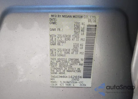 2016 Nissan Murano Sl из США, поврежденный, VIN 5N1AZ2MH8GN162036